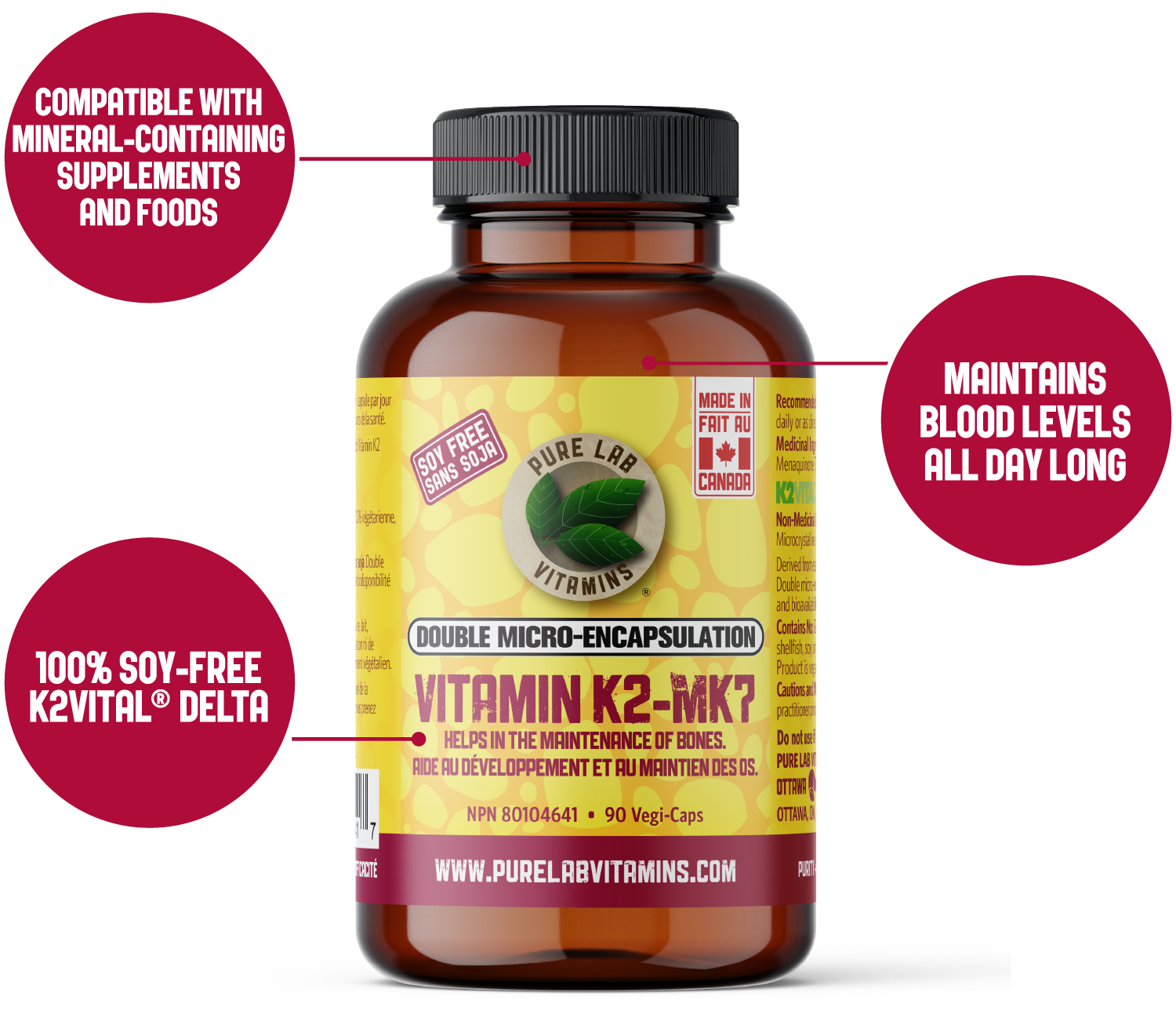 Vitamin K2-MK7 supplement bottle with text highlighting features on a white background